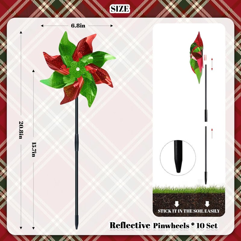 DECEED 10 PCS Pre-Assembled Christmas Red and Green Reflective Pinwheels, Large Foil Sparkly Wind Spinners with Stakes, Farm Bird Animal Deterrent Windmill, Christmas Outdoor Garden Lawn Yard Decor - Image 3